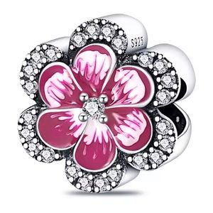 Pink Pansy Flower Charm.in 925 sterling silver and accented with sparkling